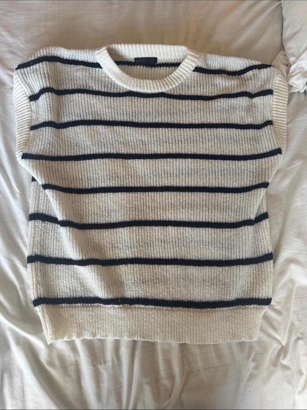SHEIN White Knit Crewneck Sweater Vest with Black Stripes